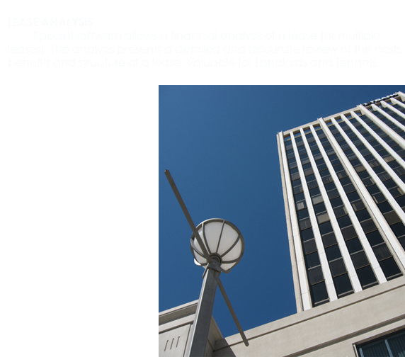 LEASE ANALYSIS - Special software allows a financial analysis of a lease (or multiple leases). The analysis presents a detailed and accurate review of the costs, benefits and structure of a lease. Valuable for Landlords and Tenants.